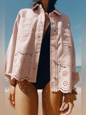 Zara Blush Pink Eyelet-Hem Denim Jean Jacket M L XL